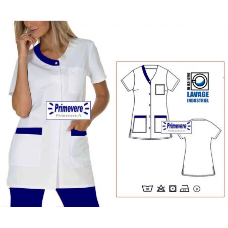 Tunique médicale femme Valentine couleur blanche garnie bleu foncé